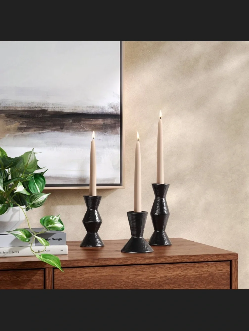 NIB Threshold Matte Black Ceramic 3-Piece Candleholder Set